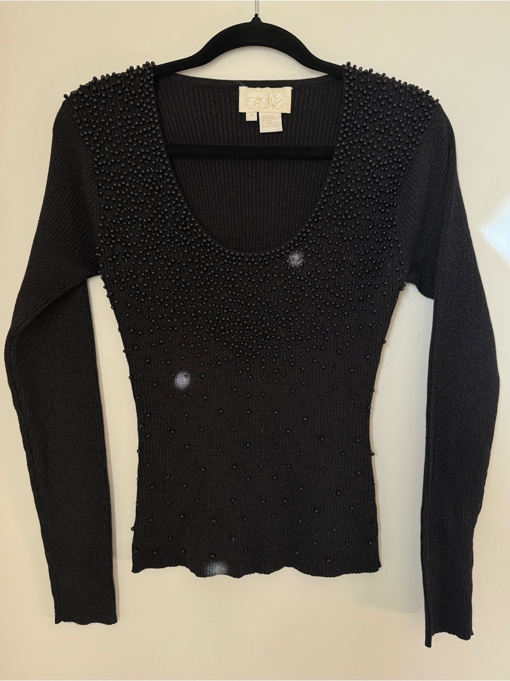 Vintage Y2K Caché Black Beaded Metallic Ribbed Knit Long Sleeve Top M